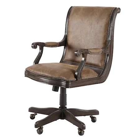 Adjustable-Height Swivel Desk Chair Upholstered in Brown Bonded Leather